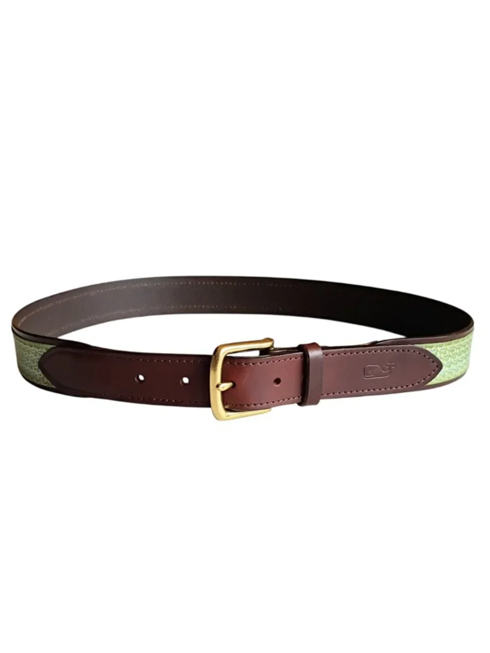 VINEYARD VINES Belt Leather Green Ribbon Solid Brass Buckle Sz 34 - Picture 1 of 7